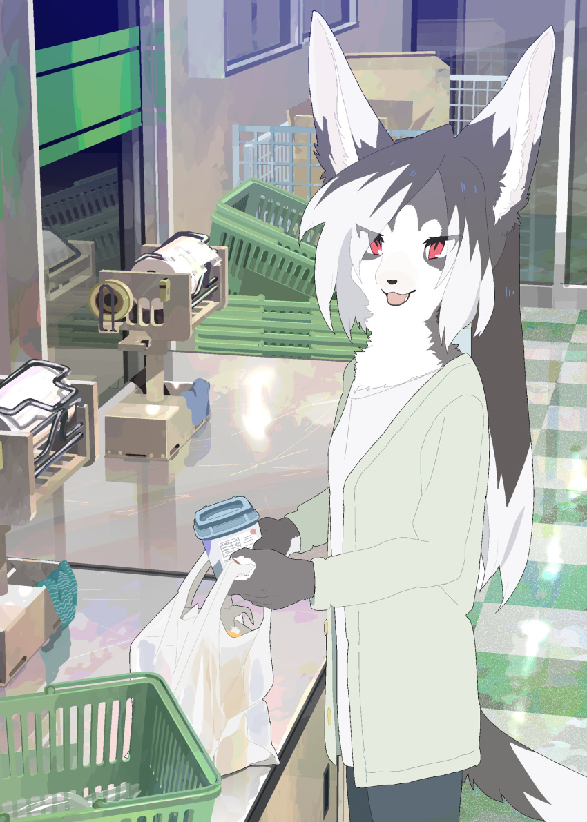 2018 canine clothed clothing female fluffy fluffy_tail fur grey_fur grey_hair hair happy hi_res holding_object inside looking_at_viewer mammal open_mouth red_eyes shopping solo standing taracod white_fur white_hair