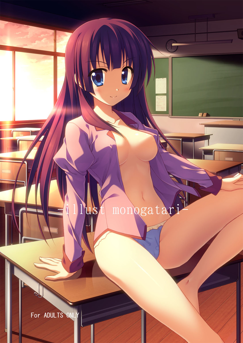 arm_support bakemonogatari barefoot blue_eyes blush breasts classroom cover cover_page desk doujin_cover highres hinata_nao long_hair medium_breasts monogatari_(series) navel on_desk open_clothes open_shirt panties purple_hair rating school_desk senjougahara_hitagi shirt sitting sitting_on_desk smile solo underwear