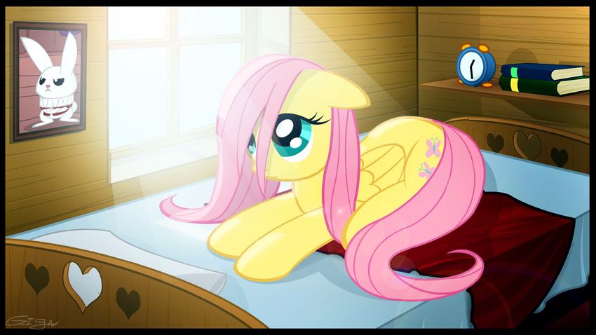 &lt;3 alarm_clock angel_(mlp) bed blanket book clock cutie_mark equine female feral fluttershy_(mlp) friendship_is_magic fur gign-3208 green_eyes hair horse mammal my_little_pony painting pegasus photo pink_hair pony shelf solo window wings yellow_fur