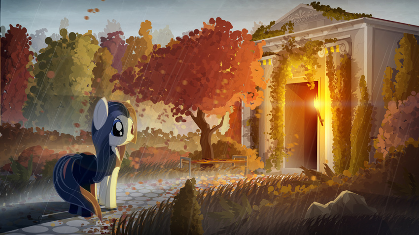 blue_eyes blue_hair clothed clothing deirdre detailed_background equine female fire fur gign-3208 hair horse mammal moss my_little_pony path pony rain solo stones temple torch tree white_fur wind wood