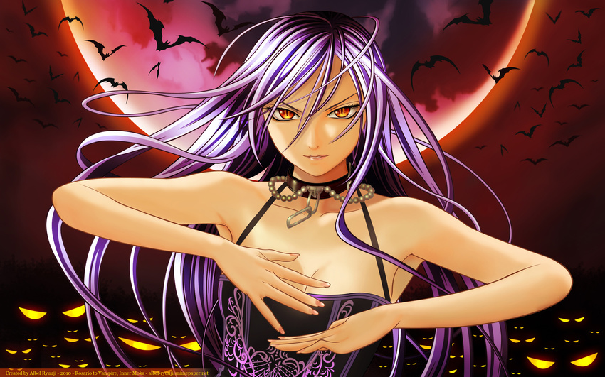 akashiya_moka bat long_hair moon purple_hair red_eyes rosario+vampire vampire