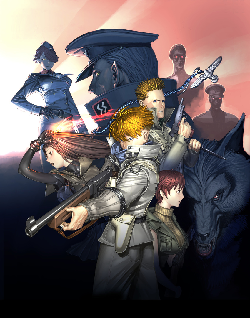 alexander_vlado blonde_hair blue_eyes brown_hair carmilla_(operation_darkness) combat_knife cordelia_blake cqc cynthia_rivele edward_kyle garrison_cap gun hair_over_one_eye handgun hat highres insignia jude_lancelot knife military military_hat military_uniform multiple_boys multiple_girls official_art operation_darkness pistol pointy_ears red-tinted_eyewear red_eyes red_hair reichsadler ribbed_sweater spiked_hair submachine_gun sunglasses sweater thompson_submachine_gun uniform vampire waffen-ss weapon werewolf yellow_eyes