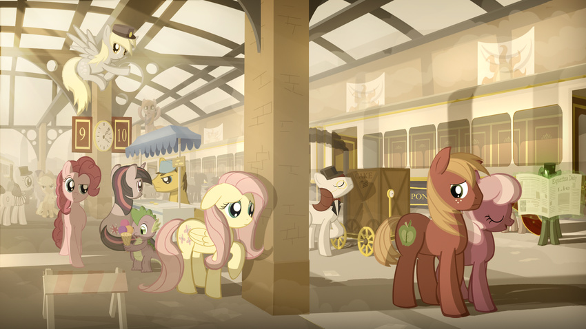 big_macintosh_(mlp) blonde_hair brown_fur brown_hair cheerilee_(mlp) crowd cutie_mark derpy_hooves_(mlp) detailed_background dragon equine eyewear female feral fluttershy_(mlp) friendship_is_magic fur gign-3208 green_fur grey_fur hair hat horn horse ice_cream magic male mammal monocle my_little_pony newspaper orange_hair pegasus pink_fur pink_hair pinkie_pie_(mlp) pony purple_fur purple_hair purple_skin red_fur scalie spike_(mlp) standing train train_station twilight_sparkle_(mlp) two_color_hair two_tone_hair unicorn white_fur wings yellow_fur