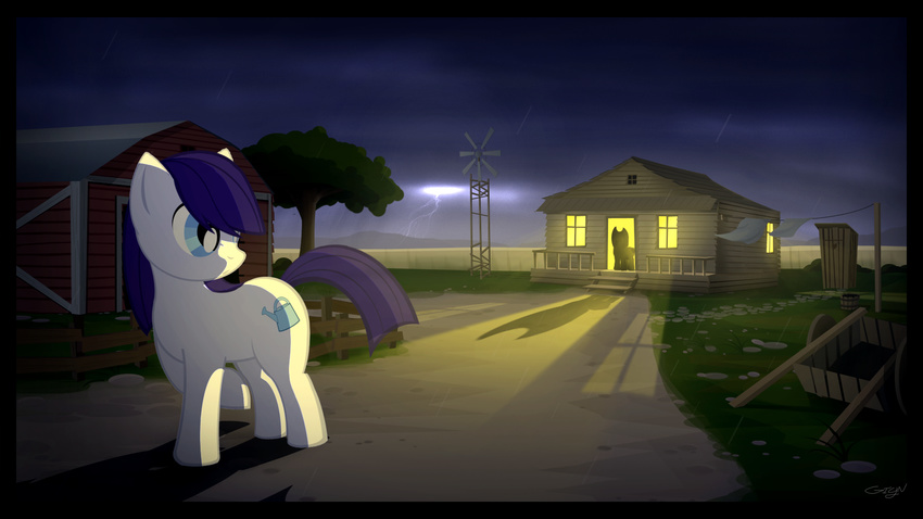 barn blue_eyes clothes_line clothesline cloud clouds cutie_mark detailed_background equine farm female fence feral friendship_is_magic fur gign-3208 grass hair horse house light lightning looking_back mammal my_little_pony original_character outhouse path pony purple_hair rain silhouette stones storm wagon white_fur windmill