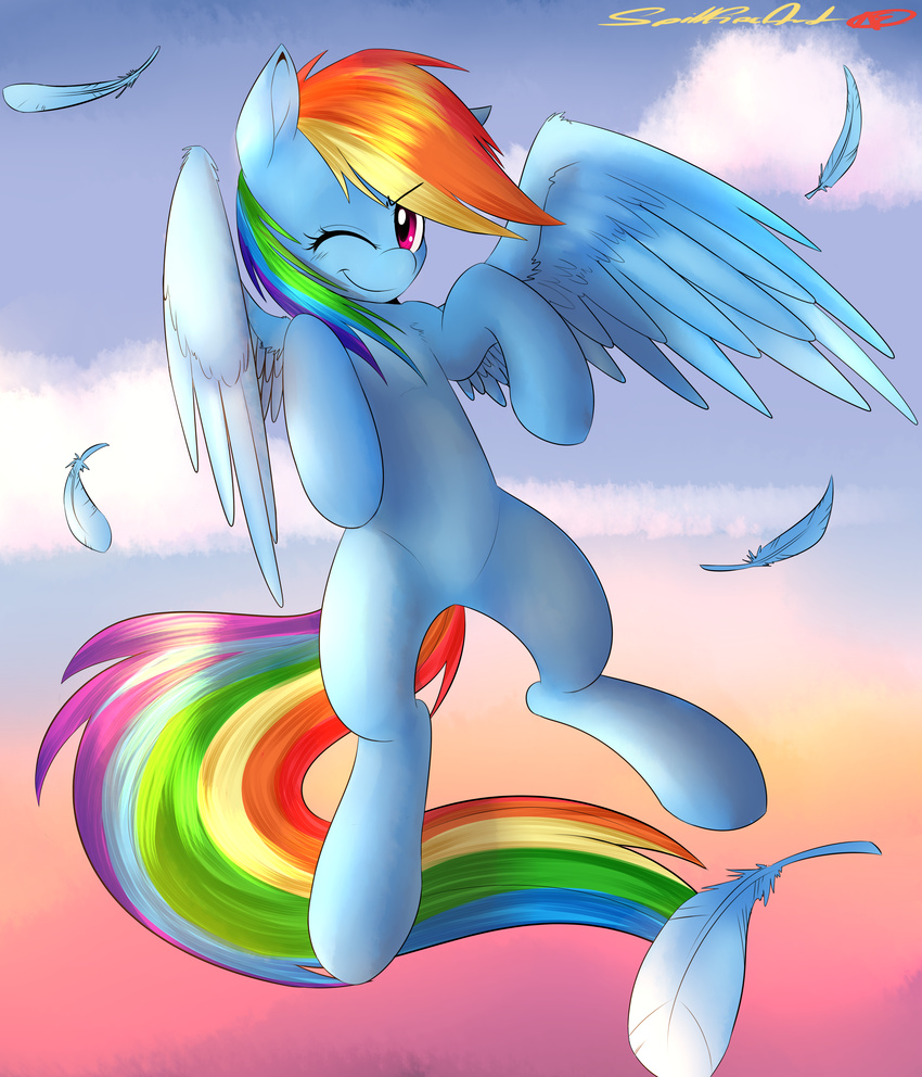 equine feather female feral flying friendship_is_magic hi_res mammal my_little_pony one_eye_closed pegasus rainbow_dash_(mlp) sky solo spittfire wings wink