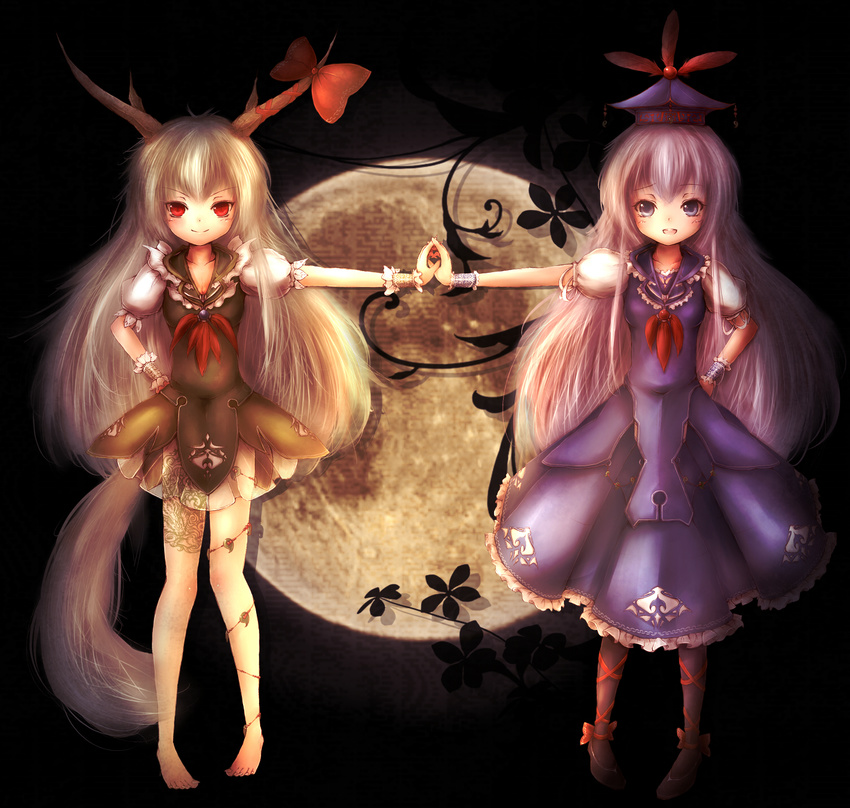 adapted_costume amanojaku bad_id bad_pixiv_id barefoot black_background black_legwear blue_dress blue_eyes blue_hair cherry_blossoms dress dual_persona ex-keine full_moon hand_on_hip hat highres holding_hands horn_ribbon horns kamishirasawa_keine long_hair looking_at_viewer moon multiple_girls open_mouth outstretched_arm pantyhose puffy_sleeves red_eyes ribbon short_sleeves skirt smile toenails touhou very_long_hair vest white_hair wrist_cuffs