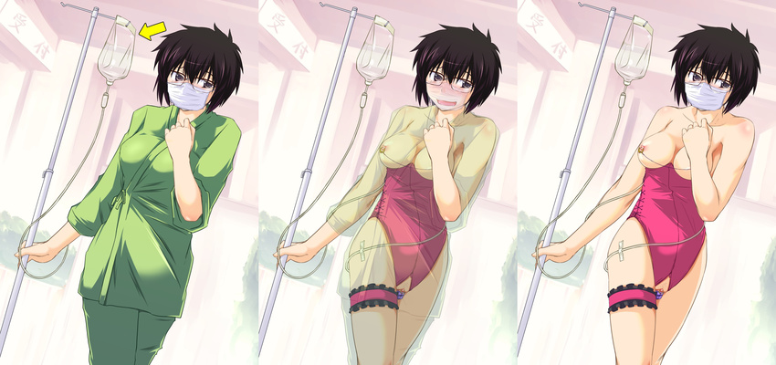 blush breasts clitoris clitoris_piercing dai8 decent_and_indecent dildo duplicate glasses highres intravenous_drip iv linked_piercing linked_piercings long_image nipple_piercing nipples ogawa_shuusuke photoshop piercing pussy see-through shaved surgical_mask uncensored wide_image