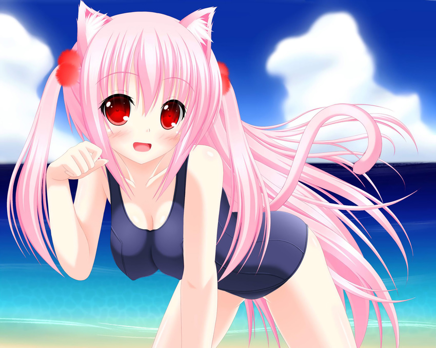 animal_ears beach blush catgirl cleavage erect_nipples jpeg_artifacts pink_hair red_eyes school_swimsuit swimsuit tagme tail yuunagi_amane