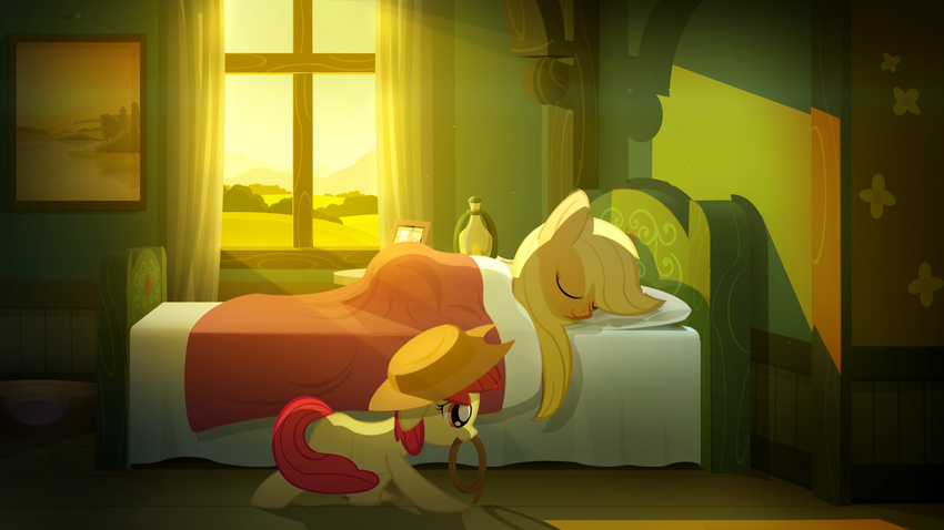 amber_eyes apple_bloom_(mlp) applebloom_(mlp) applejack_(mlp) bed blanket blonde_hair bushes cowboy_hat cub detailed_background equine eyes_closed female feral flower friendship_is_magic fur gign-3208 hair hat horse lasso mammal morning my_little_pony orange_fur photo pillow pony red_hair rope sleeping sun sunrise window wood yellow_fur young