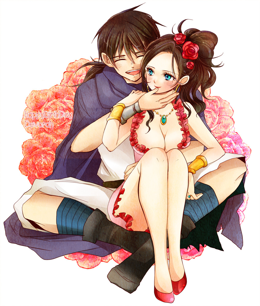 1girl :d blue_eyes blush bracelet breasts brown_hair cape character_name cleavage closed_eyes couple deborah dragon_quest dragon_quest_v dress earrings engrish flower hair_flower hair_ornament hair_up hero_(dq5) hetero highres husband_and_wife icomemo jewelry large_breasts mole necklace open_mouth ranguage ring rose smile