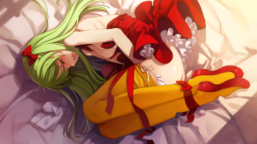 bed blush breasts eiyuu_senki game_cg green_hair masturbation nipples oyari_ashito polo_marco_(eiyuu_senki) wet