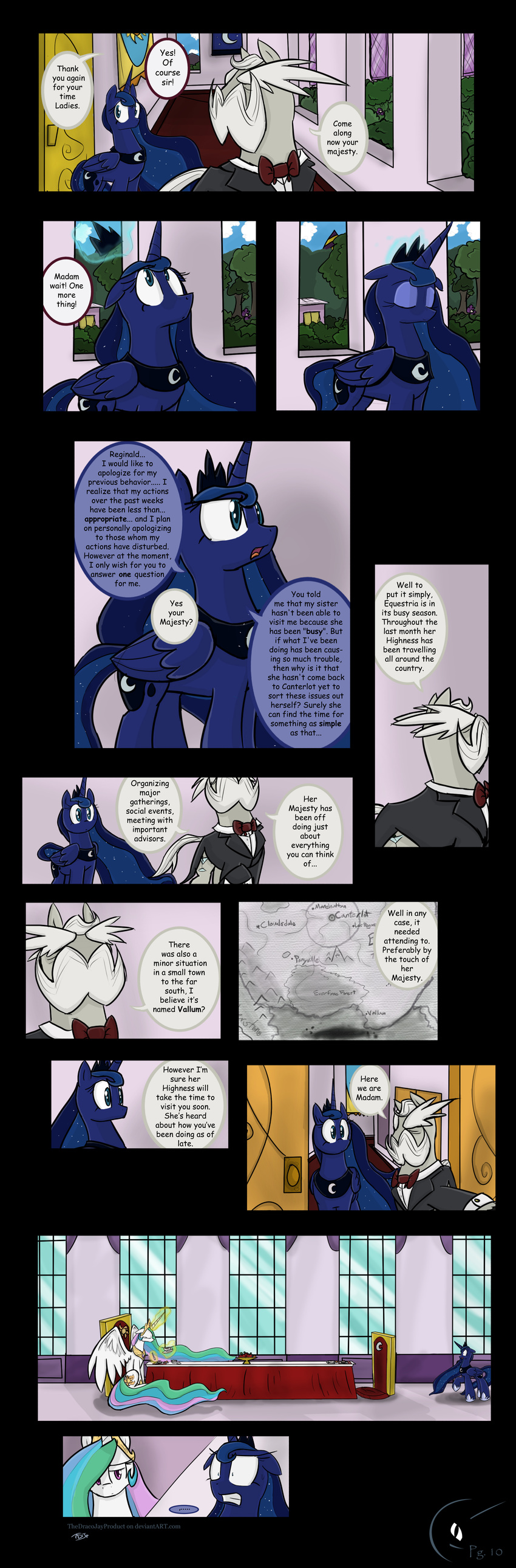 blue_hair butler comic crown cutie_mark dialog dialogue english_text equine facial_hair female feral friendship_is_magic hair horn horse long_hair male mammal multi-colored_hair mustache my_little_pony palace pony princess_celestia_(mlp) princess_luna_(mlp) sibling siblings sisters table text thedracojayproduct winged_unicorn wings