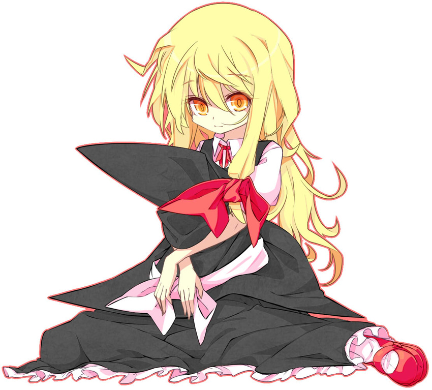 blonde_hair full_body hat hat_removed headwear_removed holding kirisame_marisa light_smile long_hair mary_janes orange_eyes outline shamo_(koumakantv) shoes simple_background sitting solo touhou white_background witch_hat