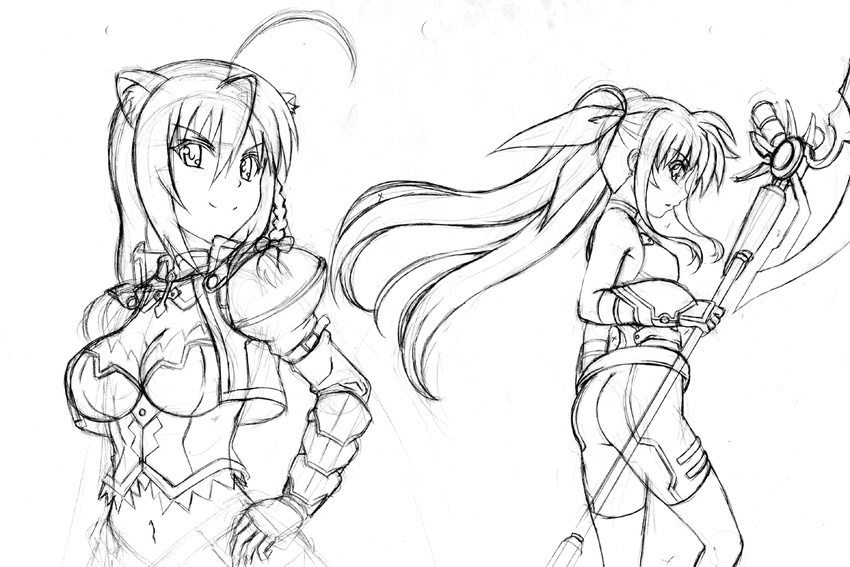 2girls animal_ears armor ass axe baron_(artist) baron_(baron-eros) belt braid breasts cat_ears cleavage crossover dog_days fate_testarossa gauntlets hair_ribbon hand_on_hip hips large_breasts leonmitchelli_galette_des_rois long_hair lyrical_nanoha mahou_shoujo_lyrical_nanoha mahou_shoujo_lyrical_nanoha_a's mahou_shoujo_lyrical_nanoha_a's mahou_shoujo_lyrical_nanoha_the_movie_2nd_a's mahou_shoujo_lyrical_nanoha_the_movie_2nd_a's midriff monochrome multiple_girls navel ribbon simple_background single_braid sketch thighhighs twintails weapon white_background