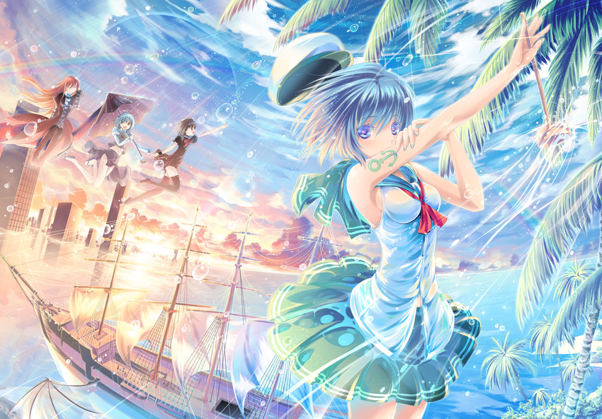 aircraft airship anchor black_hair black_legwear blue_eyes blue_hair boat brown_hair bubble building cityscape cloud coconut_tree dusk fingernails flying gradient_hair hat hat_removed headwear_removed heart heart-shaped_pupils heterochromia highres hijiri_byakuren hishaku houjuu_nue karakasa_obake kumoi_ichirin long_hair long_sleeves multicolored_hair multiple_girls murasa_minamitsu nail_polish nazrin no_panties ocean open_mouth outdoors palanquin_ship palm_tree pink_hair puffy_sleeves red_eyes sail sailor ship short_hair short_sleeves sitting sky sleeveless sunset symbol-shaped_pupils tatara_kogasa tattoo thighhighs toramaru_shou touhou tree umbrella unzan very_long_hair water water_drop watercraft wings yakumo_shibata