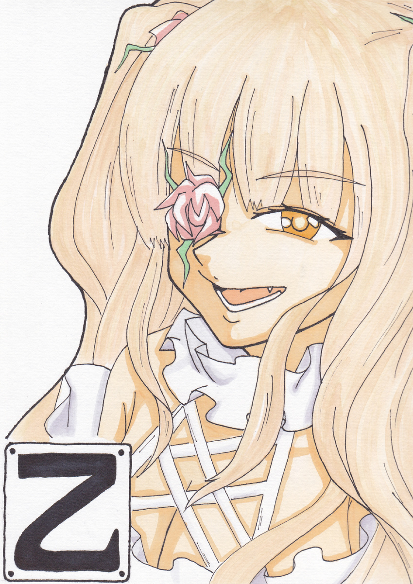 absurdres bad_id bad_pixiv_id blonde_hair circle_cut fang flower highres kimi_(otsugumi) kirakishou long_hair open_mouth rose rozen_maiden simple_background smirk solo teeth traditional_media yellow_eyes