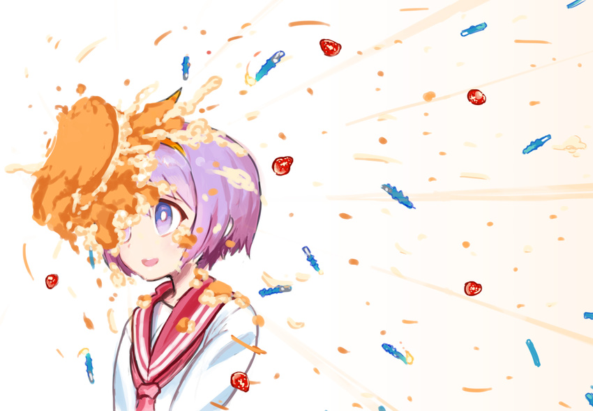 asgr blush cake food food_on_face fruit hair_ribbon highres hiiragi_tsukasa in_the_face lucky_star messy open_mouth pie_in_face purple_eyes purple_hair ribbon ryouou_school_uniform school_uniform serafuku short_hair simple_background smile solo strawberry white_background