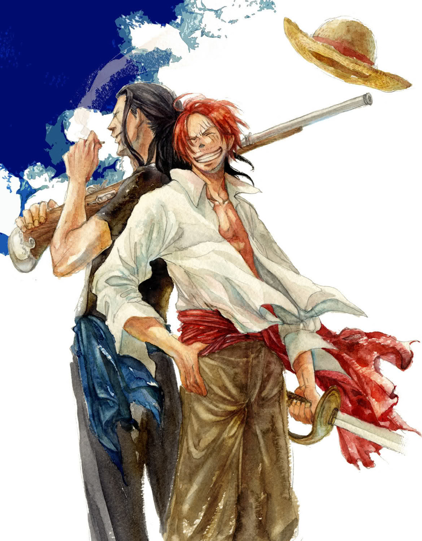 2boys back-to-back back_to_back ben_beckman black_hair black_shirt black_t-shirt blue_sky cigarette cloud clouds gun hat hat_removed headwear_removed highres long_hair male male_focus multiple_boys muscle one_piece open_clothes open_shirt outdoors ponytail red_hair riffle sash shanks shirt sky smile smoking standing straw_hat sword t-shirt teeth weapon white_shirt wind