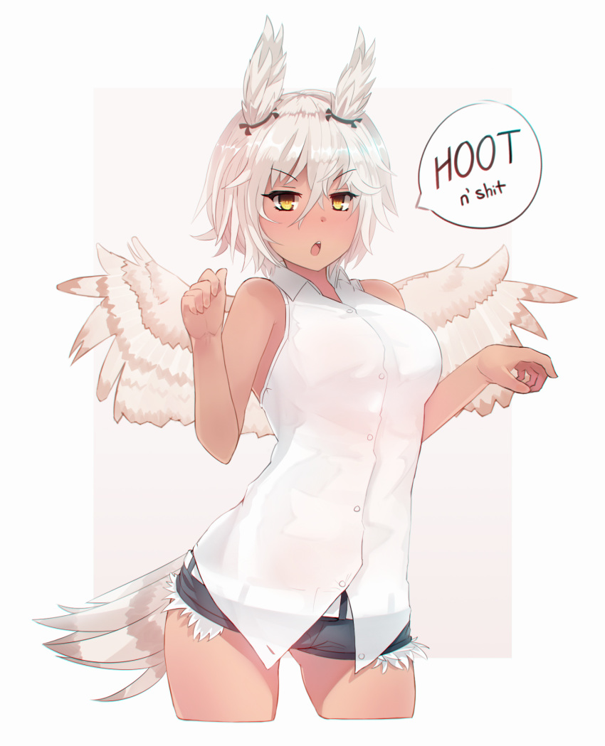 2017 amber_eyes animal_humanoid avian avian_humanoid blush breasts butt clothed clothing ehrrr english_text feathers female hair hi_res humanoid looking_at_viewer open_mouth owl_humanoid shorts speech_bubble standing tail_feathers text white_feathers white_hair wings