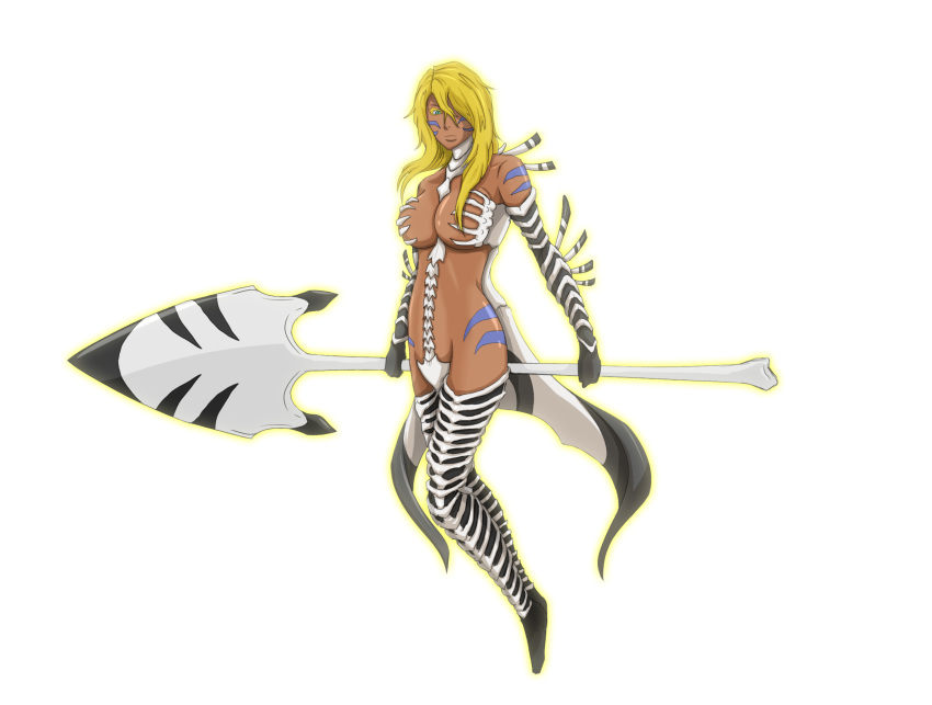 1girl alternate_universe arrancar arrancarfighter bleach blonde_hair breasts commentary dark_skin english_commentary espada facial_mark green_eyes highres large_breasts long_hair polearm revealing_clothes solo spear tier_harribel transparent_background weapon what_if