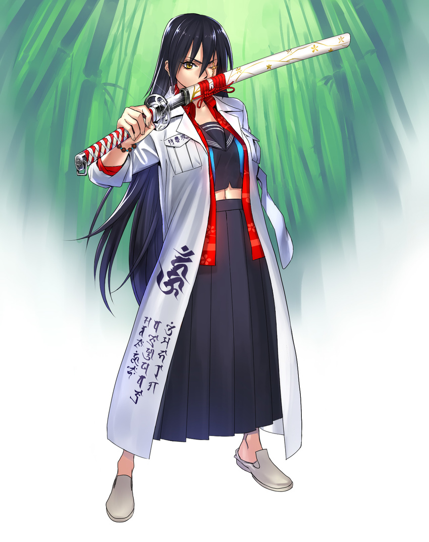 amputee banchou black_hair character_request delinquent highres katana long_coat long_hair long_skirt navel no_socks ogami one-eyed open_clothes open_shirt scar school_uniform serafuku shirt siddham skirt slippers sukeban sword tokkoufuku touran-sai weapon yankee yellow_eyes