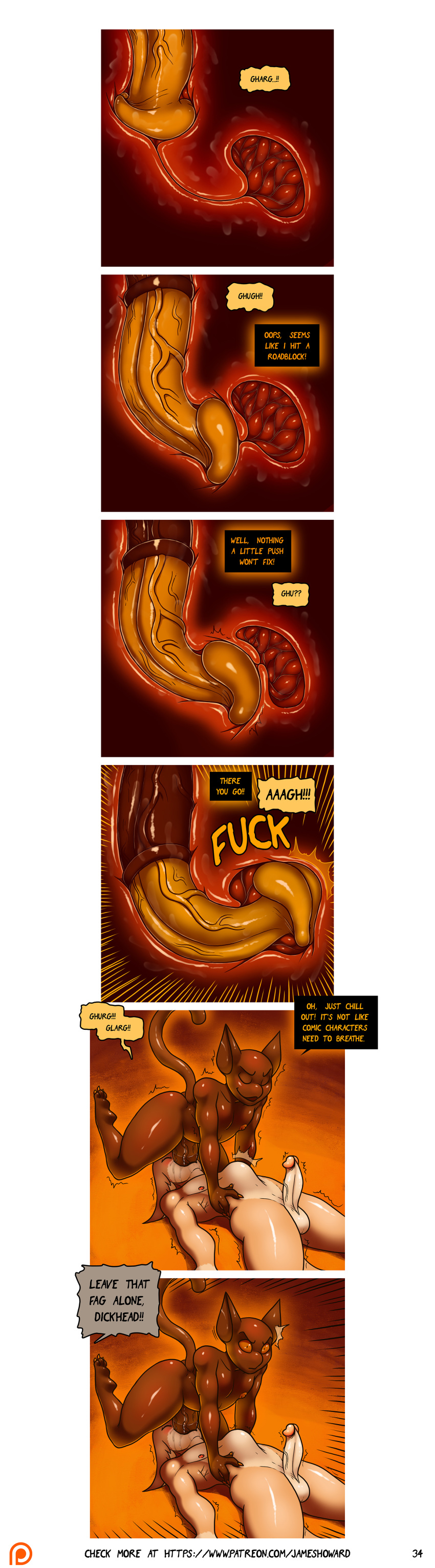 abdominal_bulge absurd_res animal_genitalia animal_penis anthro balls big_penis blush breaking_the_fourth_wall comic dialogue domestic_cat duo equine_penis erection felid feline felis flared_penis forced forced_oral gabe_(james_howard) hi_res howard_(james_howard) humanoid_penis internal james_howard male male_penetrating mammal neck_bulge nipples nude onomatopoeia oral penis saliva sex sound_effects stomach vein veiny_penis