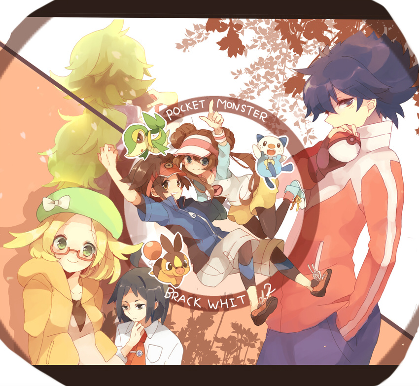 4boys bel_(pokemon) beret black_hair blonde_hair brown_hair cheren_(pokemon) copyright_name double_bun gen_5_pokemon glasses green_hair hand_in_pocket hat hat_ribbon holding holding_poke_ball hue_(pokemon) jacket kyouhei_(pokemon) leggings long_hair mei_(pokemon) miniskirt multiple_boys multiple_girls n_(pokemon) necktie oshawott pantyhose poke_ball pokemon pokemon_(creature) pokemon_(game) pokemon_bw2 raglan_sleeves ribbon semi-rimless_eyewear skirt snivy sunflower-m tepig twintails under-rim_eyewear very_long_hair visor_cap