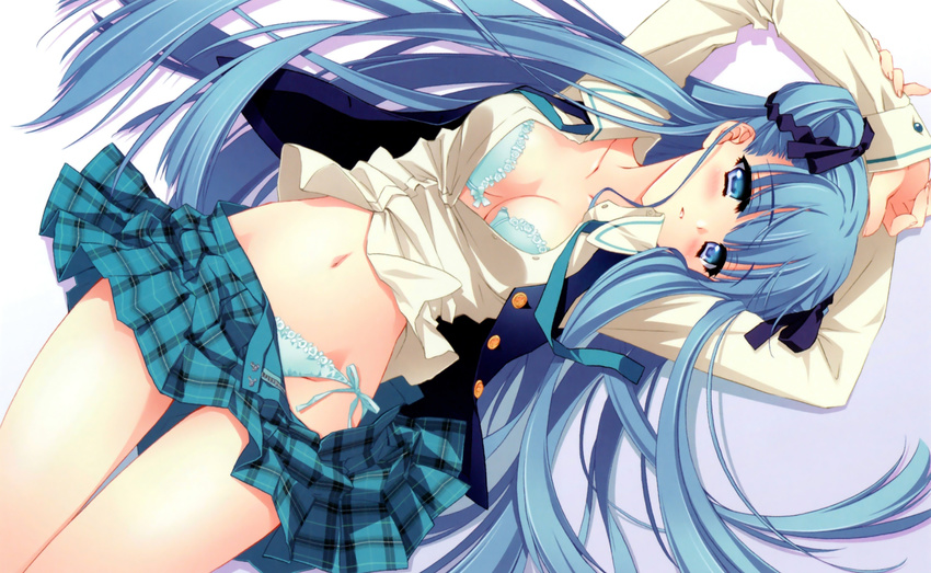 blue_eyes blue_hair bra carnelian cleavage long_hair open_shirt panties para-sol underwear undressing yatabe_noa