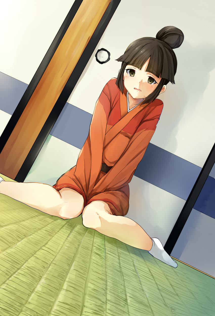 blush brown_eyes brown_hair dutch_angle hair_up highres inazuma_eleven_(series) inazuma_eleven_go inazuma_eleven_go_chrono_stone japanese_clothes kimono long_hair myuu1995 nervous okatsu_(inazuma_eleven) sitting socks