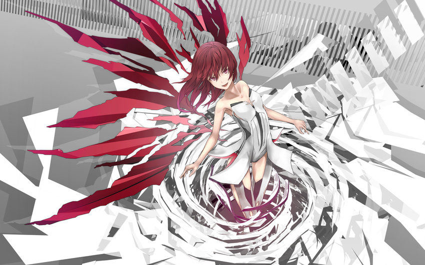 blush bodysuit bute_(butegram) cleavage_cutout dress flat_chest highres long_hair looking_at_viewer mechanical_arm original red_eyes red_hair smile solo standing surreal teeth white_dress