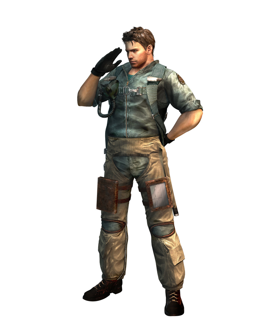 1boy absurdres boots brown_hair capcom chris_redfield gun highres jacket male male_focus resident_evil resident_evil_the_mercenaries_3d simple_background solo weapon