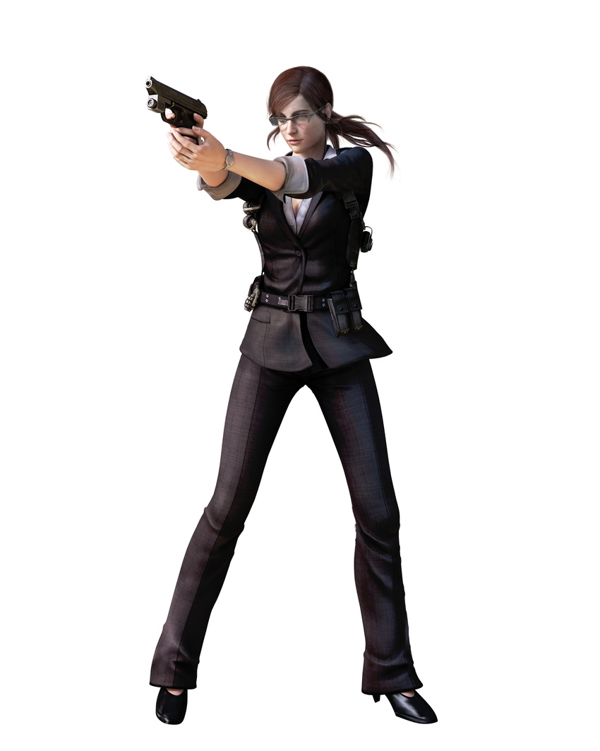 1girl absurdres belt capcom claire_redfield clock explosive glasses grenade gun heels high_heels highres resident_evil resident_evil_the_mercenaries_3d shoes simple_background watch weapon