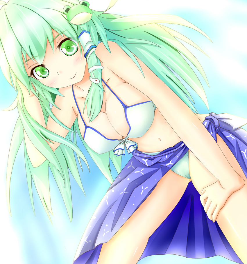 bikini blue_sarong breasts cleavage collarbone deeshima frog_hair_ornament green_eyes green_hair hair_ornament hair_tubes highres kochiya_sanae large_breasts long_hair navel print_sarong sarong snake_hair_ornament solo swimsuit touhou