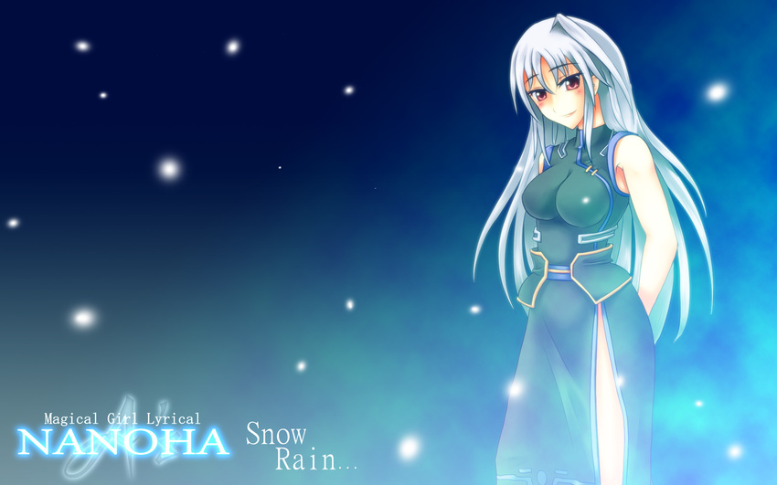 alternate_costume arms_behind_back blush frey highres long_hair lyrical_nanoha magical_girl mahou_shoujo_lyrical_nanoha mahou_shoujo_lyrical_nanoha_a's red_eyes reinforce silver_hair sleeveless smile snow solo standing very_long_hair