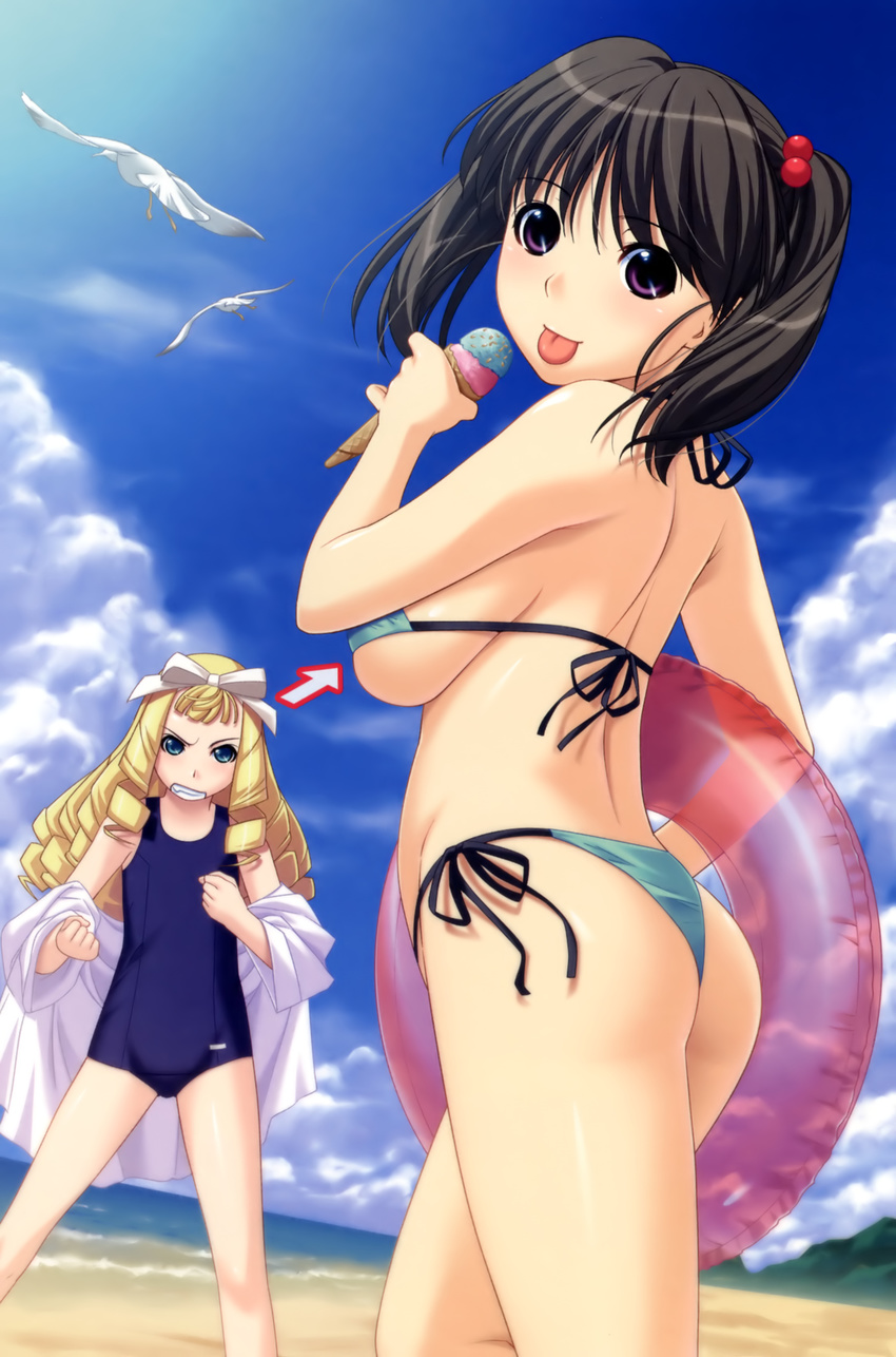 :p absurdres aqua_eyes ass bikini bird black_hair blonde_hair bow breast_envy breasts clenched_teeth directional_arrow drill_hair flat_chest food hair_bobbles hair_bow hair_ornament highres ice_cream innertube ino kimihagu large_breasts multiple_girls one-piece_swimsuit purple_eyes school_swimsuit seagull serizawa_madoka side-tie_bikini sideboob small_breasts smile standing swimsuit teeth tongue tongue_out twintails underboob yuuki_emiri