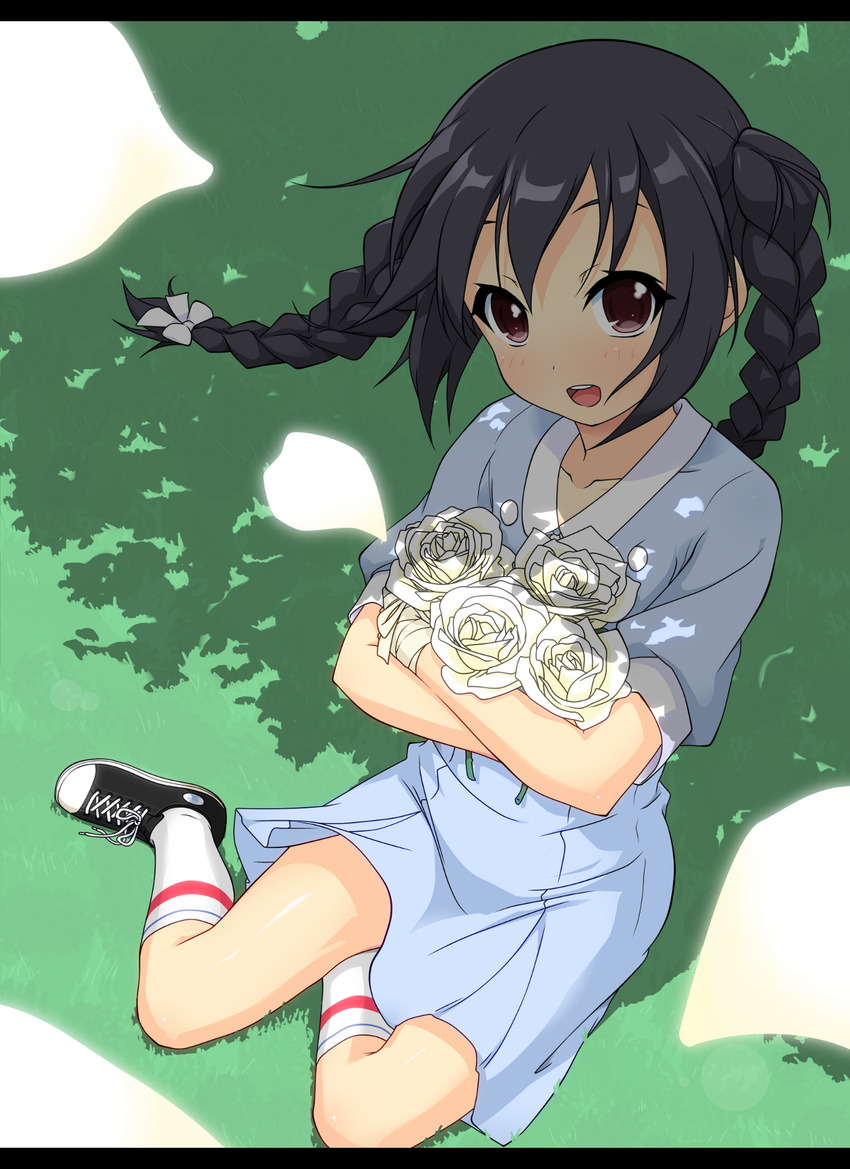 :d alternate_hairstyle bandages black_hair blush bow braid brown_eyes flower hair_bow highres k-on! k-on!_movie k10k kneehighs letterboxed looking_at_viewer nakano_azusa open_mouth petals rose round_teeth shade shoes singing! sitting smile solo teeth tree_shade twin_braids white_flower white_legwear white_rose yokozuwari