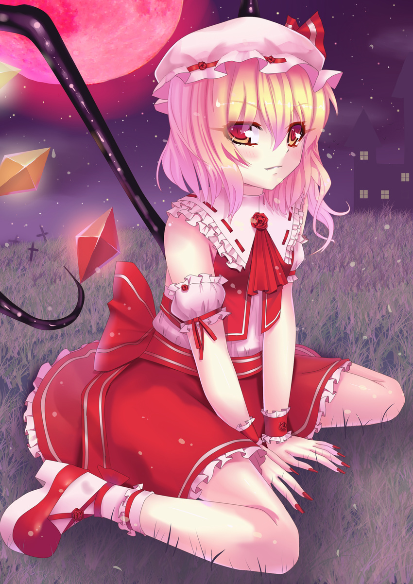 absurdres ascot bat blonde_hair blush cross fang flandre_scarlet full_moon grass grave hat hat_ribbon highres moon night red_eyes red_moon ribbon scarlet_devil_mansion short_hair short_sleeves side_ponytail sitting skirt smile solo sonikey0_0 touhou wings wrist_cuffs