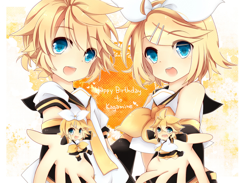 1girl :d blonde_hair blue_eyes brother_and_sister happy_birthday highres kagamine_len kagamine_rin leeannpippisum looking_at_viewer miniboy minigirl open_mouth short_hair siblings smile twins vocaloid