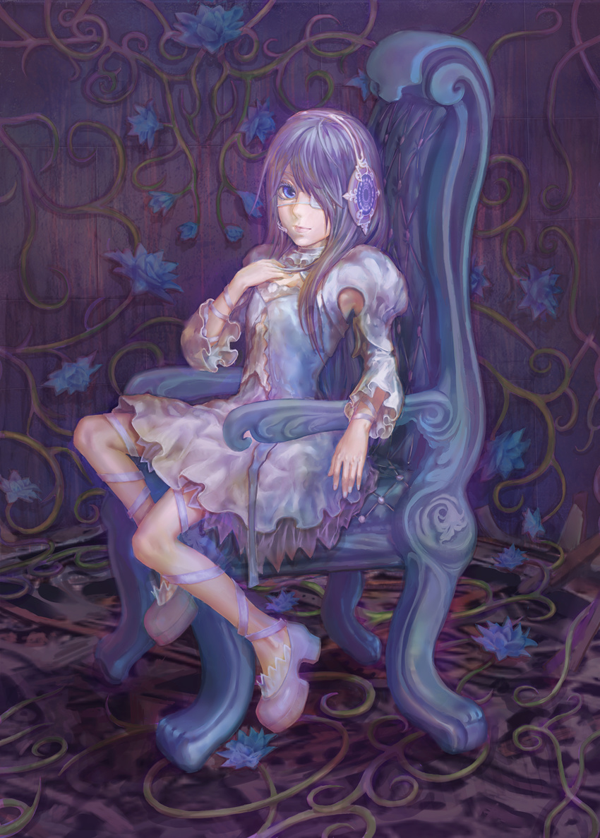 alternate_hairstyle ano bad_id bad_pixiv_id chair dress expressionless eyepatch flower full_body hair_over_one_eye hatsune_miku headphones highres lolita_fashion long_hair long_sleeves looking_at_viewer sitting solo throne vocaloid white_dress