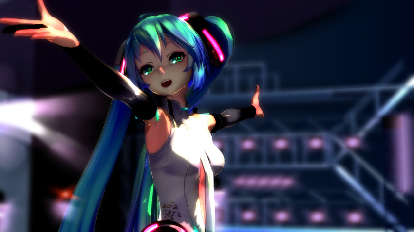 3d aliasing aqua_eyes aqua_hair bridal_gauntlets center_opening elbow_gloves fingerless_gloves gloves hatsune_miku hatsune_miku_(append) highres long_hair mikumikudance music open_mouth outstretched_arms singing solo spread_arms twintails very_long_hair vocaloid vocaloid_(tda-type_ver) vocaloid_append