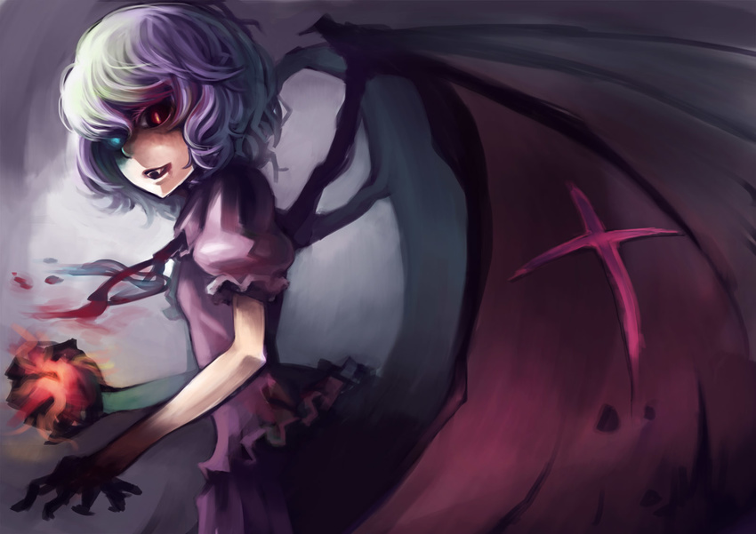 bat_wings cross fangs heterochromia highres iroai_midodo no_hat no_headwear puffy_sleeves remilia_scarlet short_hair solo touhou vampire wings