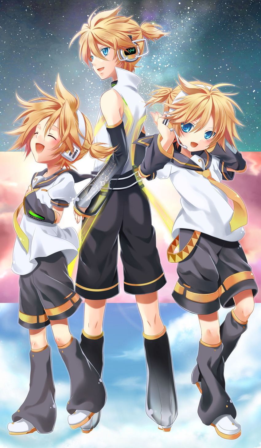 absurdres arm_warmers blonde_hair blue_eyes detached_sleeves headphones highres kagamine_len kagamine_len_(append) leg_warmers male_focus multiple_boys multiple_persona open_mouth shorts sinwa_(tamaki) sky smile star_(sky) starry_sky vocaloid vocaloid_append