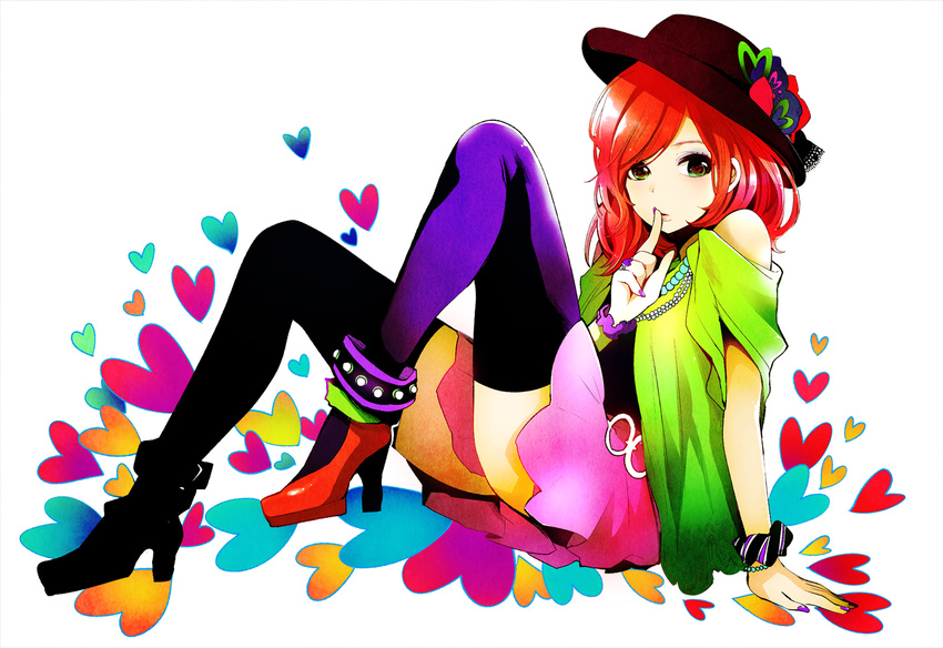 bracelet hat heart high_heels jewelry nail_polish not_gonna_dump_me_(vocaloid) original red_hair shoes skirt solo thighhighs vocaloid white_background yokoyari_mengo