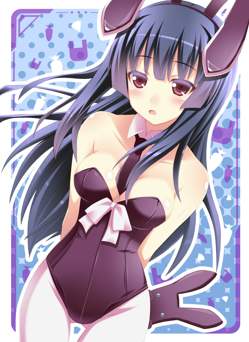 :d animal_ears arms_behind_back blue_hair blush breasts bunnysuit detached_collar fake_animal_ears highres long_hair medium_breasts necktie open_mouth original outline pantyhose red_eyes smile solo usaginezumi