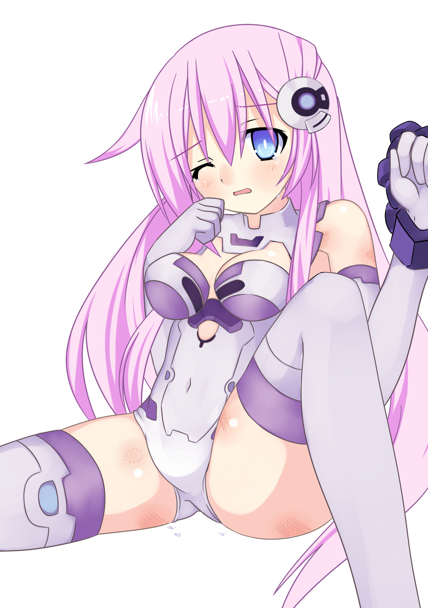;o absurdres bangs bare_shoulders bite_mark blue_eyes blush breasts choujigen_game_neptune_mk2 cleavage cleavage_cutout clenched_hands covered_navel elbow_gloves embarrassed gloves hair_between_eyes hair_ornament halterneck highres injury knee_up leotard long_hair looking_at_viewer magical_girl medium_breasts meimu_(infinity) nepgear neptune_(series) one_eye_closed open_mouth pink_hair power_symbol purple_sister scratches sidelocks simple_background sitting skindentation solo spread_legs symbol-shaped_pupils tears thighhighs turtleneck very_long_hair white_background white_legwear wince