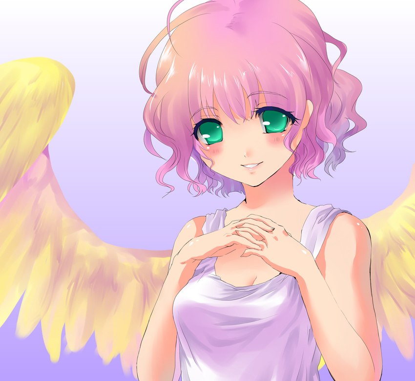 absurdres angel angel_wings bad_id bad_pixiv_id bare_shoulders feathered_wings green_hair harpy_(puyopuyo) highres interlocked_fingers kobanzame madou_monogatari pink_hair puyopuyo short_hair smile solo wings