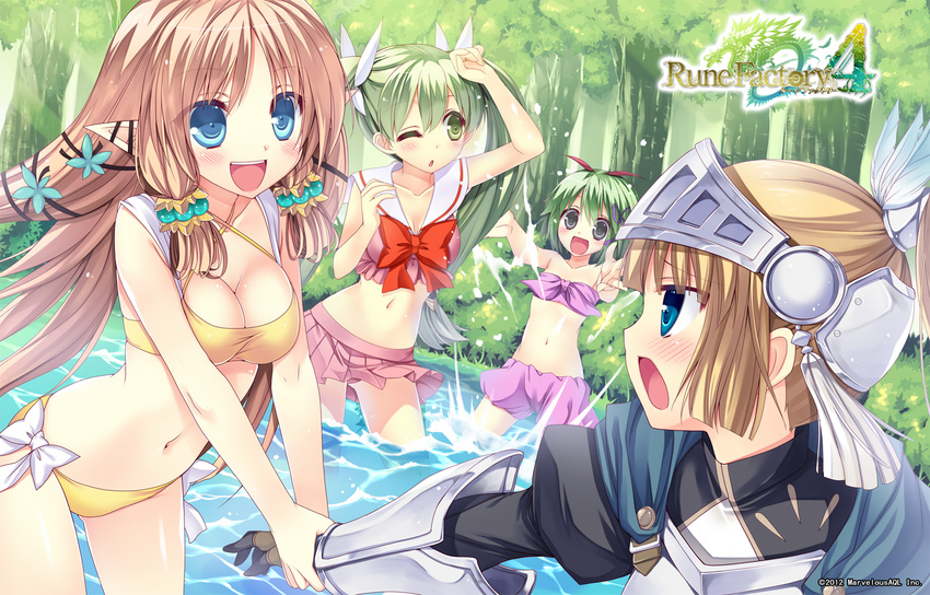 :d arm_holding armor artist_request bikini blonde_hair bloomers blue_eyes blush breasts brown_hair cleavage copyright_name elf flat_chest forte_(rune_factory) frey_(rune_factory) green_eyes green_hair hair_ornament highres kohaku_(rune_factory) long_hair margaret_(rune_factory) medium_breasts multiple_girls navel official_art one_eye_closed open_mouth outstretched_arms pointy_ears rune_factory rune_factory_4 short_hair silver_eyes skirt smile swimsuit tree twintails underwear wading wallpaper water