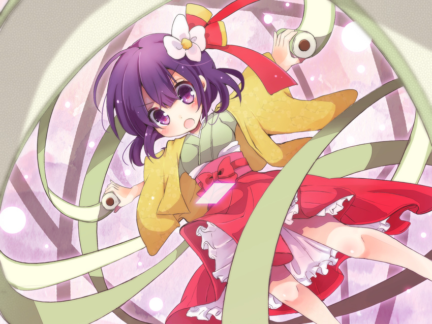 :o blush bow child flower hair_ornament hieda_no_akyuu highres japanese_clothes kimono obi open_mouth orb outstretched_arms purple_eyes purple_hair sash scroll shiroi_hakuto short_hair solo touhou