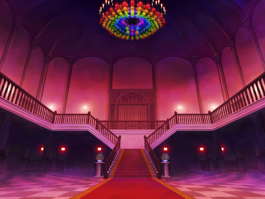 chandelier checkered checkered_floor door no_humans plant potted_plant rainbow_order red_carpet scarlet_devil_mansion scenery stairs touhou