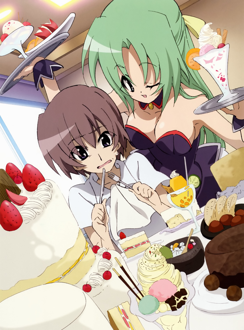 1girl absurdres angel_mort breasts cake chocolate_cake dessert feast food fork fruit green_hair half_updo highres higurashi_no_naku_koro_ni ice_cream knife large_breasts long_hair maebara_keiichi nervous numata_seiya official_art one_eye_closed orange orange_slice parfait pocky scan sonozaki_shion strawberry sweets tray waitress